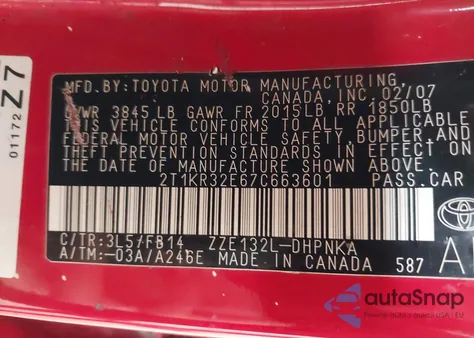 2007 Toyota Matrix Xr z USA, uszkodzony, nr VIN 2T1KR32E67C663601